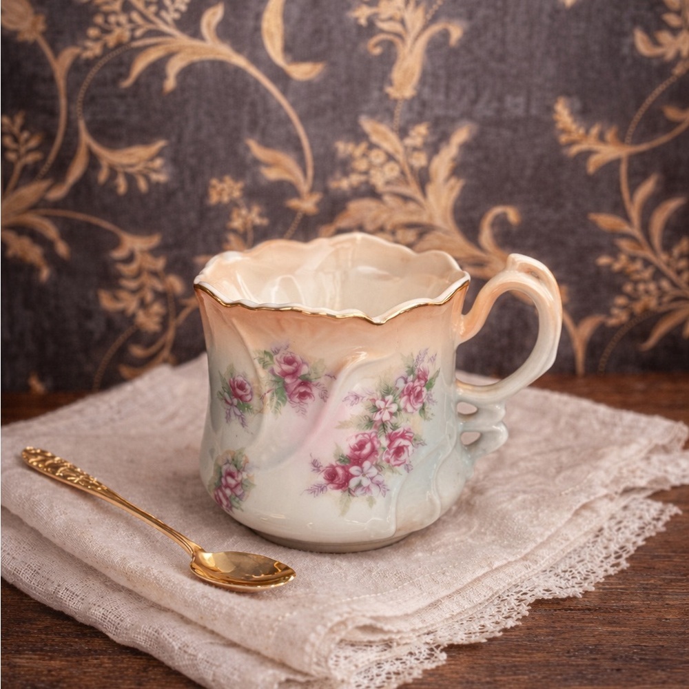 Antique Brandenburg Porcelain Mustache Shaving Mug Roses Gold Trim